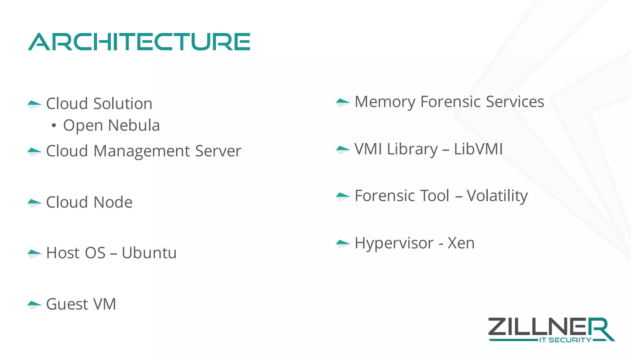 Architecture
Cloud Solution
• Open Nebula
Cloud Management Server
Cloud Node
Host OS – Ubuntu
Guest VM
Memory Forensic Services
VMI Library – LibVMI
Forensic Tool – Volatility
Hypervisor - Xen
 