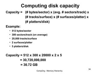 Computing disk capacity
Capacity = (# bytes/sector) x (avg. # sectors/track) x
           (# tracks/surface) x (# surfaces/platter) x
           (# platters/disk)
Example:
  • 512 bytes/sector
  • 300 sectors/track (on average)
  • 20,000 tracks/surface
  • 2 surfaces/platter
  • 5 platters/disk


Capacity = 512 x 300 x 20000 x 2 x 5
         = 30,720,000,000
         = 30.72 GB
                                                      34
                         CompOrg - Memory Hierarchy
 
