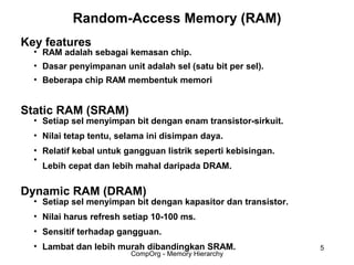 Random-Access Memory (RAM)
Key features
  • RAM adalah sebagai kemasan chip.
  • Dasar penyimpanan unit adalah sel (satu bit per sel).
  • Beberapa chip RAM membentuk memori


Static RAM (SRAM)
  • Setiap sel menyimpan bit dengan enam transistor-sirkuit.
  • Nilai tetap tentu, selama ini disimpan daya.
  • Relatif kebal untuk gangguan listrik seperti kebisingan.
  •
    Lebih cepat dan lebih mahal daripada DRAM.

Dynamic RAM (DRAM)
  • Setiap sel menyimpan bit dengan kapasitor dan transistor.
  • Nilai harus refresh setiap 10-100 ms.
  • Sensitif terhadap gangguan.
  • Lambat dan lebih murah dibandingkan SRAM.                   5
                         CompOrg - Memory Hierarchy
 