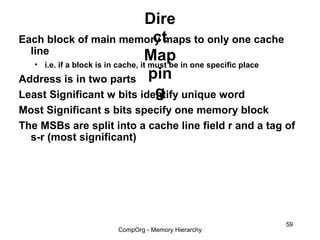Dire
                                      ct
Each block of main memory maps to only one cache
  line
                                   Map in one specific place
   • i.e. if a block is in cache, it must be
Address is in two parts pin
                                      g
Least Significant w bits identify unique word
Most Significant s bits specify one memory block
The MSBs are split into a cache line field r and a tag of
  s-r (most significant)




                                                               59
                      CompOrg - Memory Hierarchy
 
