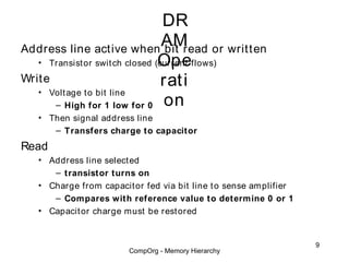 DR
Address line active when bit read
                                  AM or writt en
                                 Ope
   • Transist or swit ch closed (current flows)
Write                             rati
   • Volt age t o bit line
      – High for 1 low for 0 on
   • Then signal address line
      – Transfers charge to capacitor
Read
   • Address line select ed
      – transistor turns on
   • Charge from capacit or fed via bit line t o sense amplifier
      – Compares with reference value to determine 0 or 1
   • Capacit or charge must be rest ored


                                                                   9
                        CompOrg - Memory Hierarchy
 