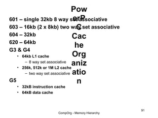 Pow
                                erP
601 – single 32kb 8 way set associative
                                 C
603 – 16kb (2 x 8kb) two way set associative
604 – 32kb                      Cac
620 – 64kb
                                 he
G3 & G4
   • 64kb L1 cache              Org
      – 8 way set associative
   • 256k, 512k or 1M L2 cache
                                aniz
      – two way set associative atio
G5                               n
   • 32kB instruction cache
   • 64kB data cache



                                                    91
                       CompOrg - Memory Hierarchy
 