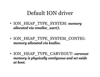 Default ION driver 
• ION_HEAP_TYPE_SYSTEM: memory 
allocated via vmalloc_user(). 
• ION_HEAP_TYPE_SYSTEM_CONTIG: 
memory allocated via kzalloc. 
• ION_HEAP_TYPE_CARVEOUT: carveout 
memory is physically contiguous and set aside 
at boot. 
 