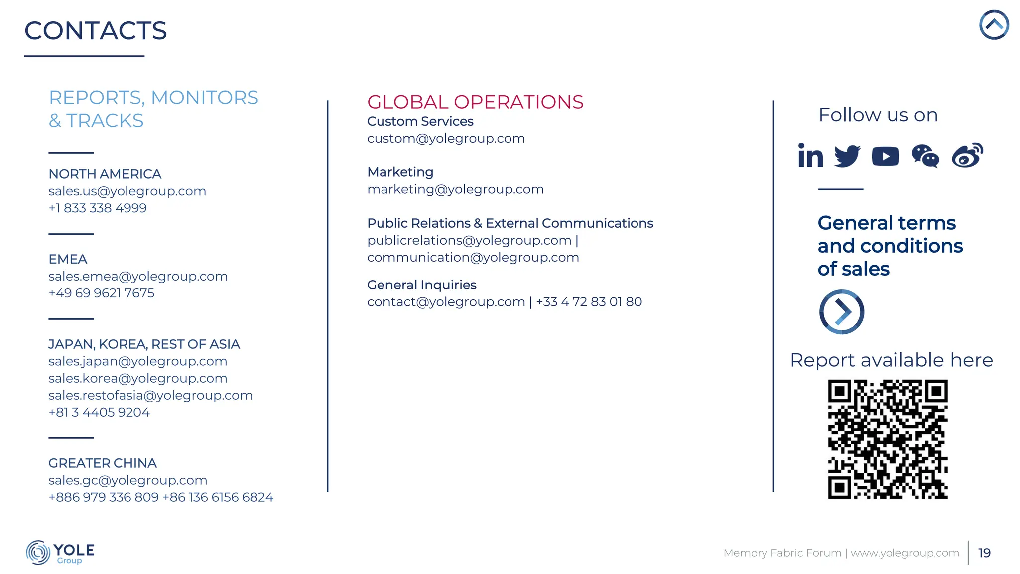 General terms
and conditions
of sales
Follow us on
REPORTS, MONITORS
& TRACKS
NORTH AMERICA
sales.us@yolegroup.com
+1 833 338 4999
EMEA
sales.emea@yolegroup.com
+49 69 9621 7675
JAPAN, KOREA, REST OF ASIA
sales.japan@yolegroup.com
sales.korea@yolegroup.com
sales.restofasia@yolegroup.com
+81 3 4405 9204
GREATER CHINA
sales.gc@yolegroup.com
+886 979 336 809 +86 136 6156 6824
GLOBAL OPERATIONS
Custom Services
custom@yolegroup.com
Marketing
marketing@yolegroup.com
Public Relations & External Communications
publicrelations@yolegroup.com |
communication@yolegroup.com
General Inquiries
contact@yolegroup.com | +33 4 72 83 01 80
CONTACTS
19
Memory Fabric Forum | www.yolegroup.com
Report available here
 