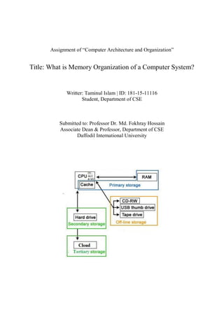 Assignment of “Computer Architecture and Organization”
Title: What is Memory Organization of a Computer System?
Writter: Taminul Islam | ID: 181-15-11116
Student, Department of CSE
Submitted to: Professor Dr. Md. Fokhray Hossain
Associate Dean & Professor, Department of CSE
Daffodil International University
 