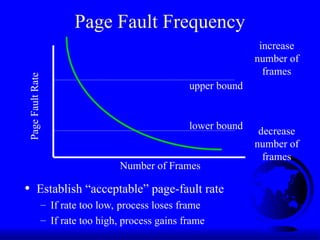 Page Fault Frequency
• Establish “acceptable” page-fault rate
– If rate too low, process loses frame
– If rate too high, process gains frame
increase
number of
frames
decrease
number of
frames
upper bound
lower bound
Page
Fault
Rate
Number of Frames
 