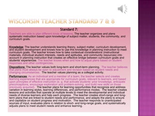 Standard 7:
Teachers are able to plan different kinds of lessons. The teacher organizes and plans
systematic instruction based upon knowledge of subject matter, students, the community, and
curriculum goals.

Knowledge: The teacher understands learning theory, subject matter, curriculum development,
and student development and knows how to use this knowledge in planning instruction to meet
curriculum goals. The teacher knows how to take contextual considerations (instructional
materials, individual student interests, needs and aptitudes, and community resources) into
account in planning instruction that creates an effective bridge between curriculum goals and
students' experiences. The teacher knows when and how to adjust plans based on student
responses and other contingencies.
Dispositions: The teacher values both long-term and short-term planning. The teacher believes
that plans must always be open to adjustment and revision based on student needs and
changing circumstances. The teacher values planning as a collegial activity.
Performances: As an individual and a member of a team, the teacher selects and creates
learning experiences that are appropriate for curriculum goals, relevant to learners, and based
upon principles of effective instruction (e. g. that activate students’ prior knowledge, anticipate
preconceptions, encourage exploration and problem-solving, and build new skills on those
previously acquired). The teacher plans for learning opportunities that recognize and address
variation in learning styles, learning differences, and performance modes. The teacher creates
lessons and activities that operate at multiple levels to meet the developmental and individual
needs of diverse learners and help each progress. The teacher creates short-range and long-
term plans that are linked to student needs and performance, and adapts the plans to ensure
and capitalize on student progress and motivation. The teacher responds to unanticipated
sources of input, evaluates plans in relation to short- and long-range goals, and systematically
adjusts plans to meet student needs and enhance learning.
 