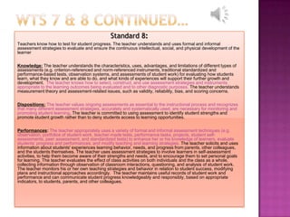 Standard 8:
Teachers know how to test for student progress. The teacher understands and uses formal and informal
assessment strategies to evaluate and ensure the continuous intellectual, social, and physical development of the
learner


Knowledge: The teacher understands the characteristics, uses, advantages, and limitations of different types of
assessments (e.g. criterion-referenced and norm-referenced instruments, traditional standardized and
performance-based tests, observation systems, and assessments of student work) for evaluating how students
learn, what they know and are able to do, and what kinds of experiences will support their further growth and
development. The teacher knows how to select, construct, and use assessment strategies and instruments
appropriate to the learning outcomes being evaluated and to other diagnostic purposes. The teacher understands
measurement theory and assessment-related issues, such as validity, reliability, bias, and scoring concerns.

Dispositions: The teacher values ongoing assessments as essential to the instructional process and recognizes
that many different assessment strategies, accurately and systematically used, are necessary for monitoring and
promoting student learning. The teacher is committed to using assessment to identify student strengths and
promote student growth rather than to deny students access to learning opportunities.


Performances: The teacher appropriately uses a variety of formal and informal assessment techniques (e.g.
observation, portfolios of student work, teacher-made tests, performance tasks, projects, student self-
assessments, peer assessment, and standardized tests) to enhance her or his knowledge of learners, evaluate
students’ progress and performances, and modify teaching and learning strategies. The teacher solicits and uses
information about students' experiences learning behavior, needs, and progress from parents, other colleagues,
and the students themselves. The teacher uses assessment strategies to involve learners in self-assessment
activities, to help them become aware of their strengths and needs, and to encourage them to set personal goals
for learning. The teacher evaluates the effect of class activities on both individuals and the class as a whole,
collecting information through observation of classroom interactions, questioning, and analysis of student work.
The teacher monitors his or her own teaching strategies and behavior in relation to student success, modifying
plans and instructional approaches accordingly. The teacher maintains useful records of student work and
performance and can communicate student progress knowledgeably and responsibly, based on appropriate
indicators, to students, parents, and other colleagues.
 