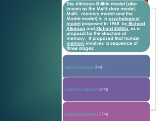 The Atkinson-Shiffrin model (also
known as the Multi-store model,
Multi- memory model and the
Modal model) is a psychological
model proposed in 1968 by Richard
Atkinson and Richard Shiffrin as a
proposal for the structure of
memory. It proposed that human
memory involves a sequence of
three stages:
Sensory memory (SM)
Short-term memory (STM)
Long-term memory (LTM)
 
