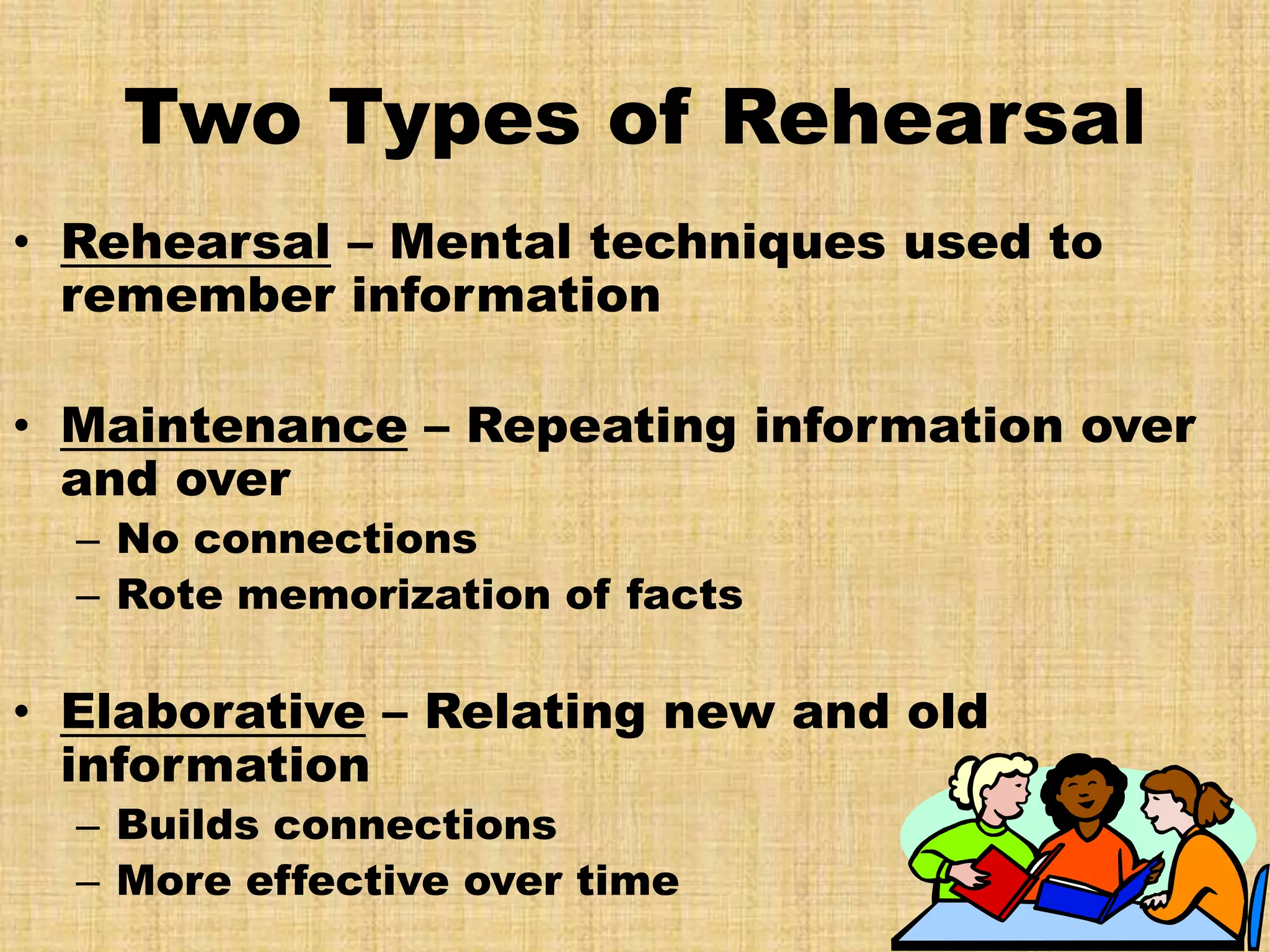 Two Types of Rehearsal
• Rehearsal – Mental techniques used to
  remember information

• Maintenance – Repeating information over
  and over
  – No connections
  – Rote memorization of facts

• Elaborative – Relating new and old
  information
  – Builds connections
  – More effective over time
 