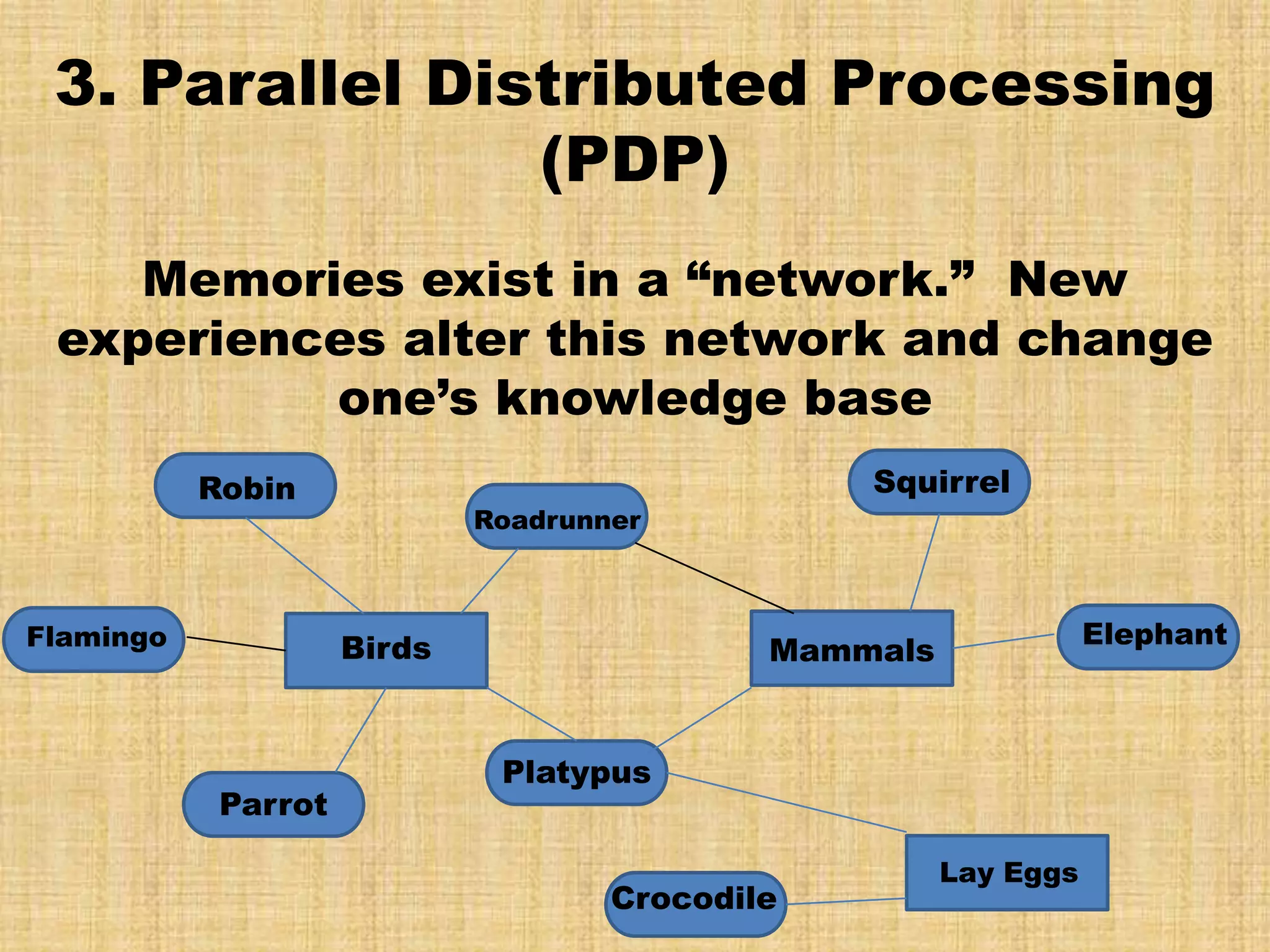 3. Parallel Distributed Processing
                (PDP)
    Memories exist in a “network.” New
 experiences alter this network and change
          one’s knowledge base
           Robin                                 Squirrel
                             Roadrunner



Flamingo             Birds                                        Elephant
                                             Mammals


                              Platypus
            Parrot

                                                       Lay Eggs
                                     Crocodile
 