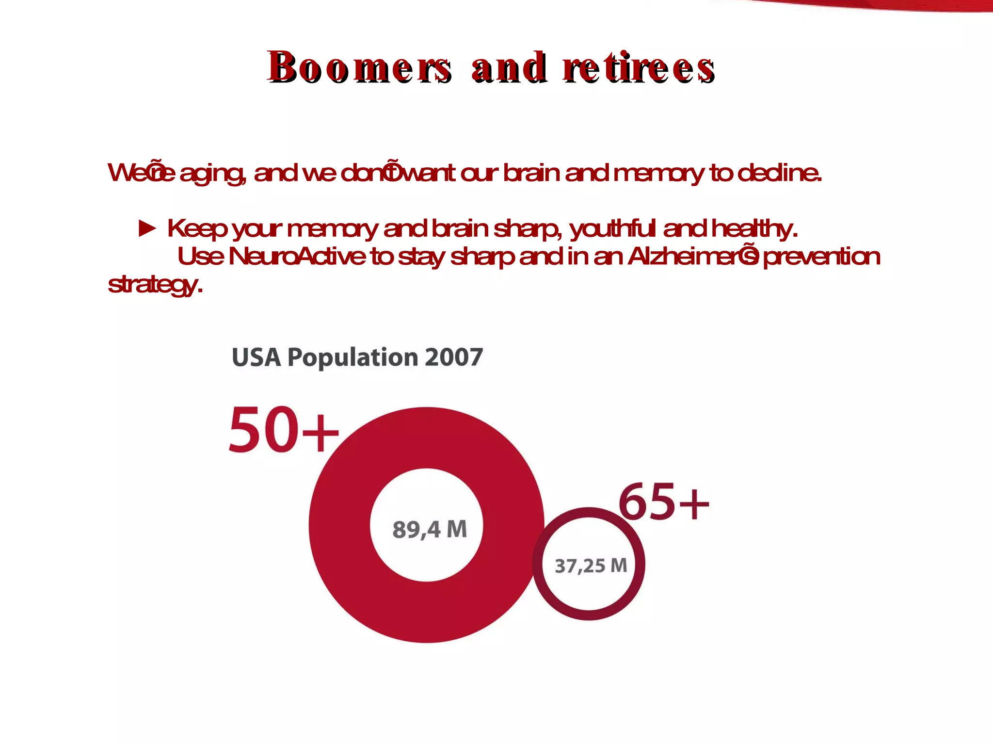 Boomers and retirees We’re aging, and we don’t want our brain and memory to decline.   ► Keep your memory and brain sharp, youthful and healthy.   Use NeuroActive to stay sharp and in an Alzheimer’s prevention strategy.  