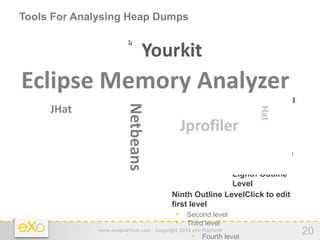 Tools For Analysing Heap Dumps

                                     
                                          Click to edit the outline text
                                          format
                                           
                                                Second Outline Level
                                                  −   Third Outline Level
                                                         
                                                             Fourth Outline Level
                                                                 −
                                                         Fifth Outline
                                                         Level
                                                       − Sixth Outline
                                                         Level
                                                       − Seventh Outline
                                                         Level
                                                       − Eighth Outline
                                                         Level
                                     − Ninth Outline LevelClick to edit
                                       first level
                                         • Second level
                                         • Third level
             www.exoplatform.com - Copyright 2012 eXo Platform
                                                  • Fourth level
                                                                                    20
 