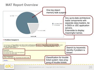 MAT Report Overview
                                    One big object:
                                    memory leak suspect

                                                             Any up-to-date architecture
                                                             loads components with
                                                             separate class loaders, be
                                                             it OSGi or JEE application
                                                             servers.
                                                             Extensible to display
                                                             meaningful names.




                                                                 Search by keywords:
                                                                 identify if problem is
                                                                 known

                                    Classification for trouble
                                    ticket system: less ping-
                                    pong of trouble tickets.

             www.exoplatform.com - Copyright 2012 eXo Platform                            26
 