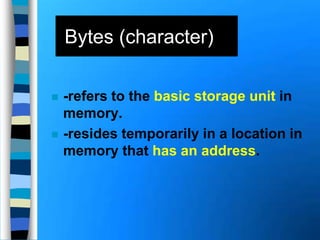 -refers to the basic storage unit in
memory.
 -resides temporarily in a location in
memory that has an address.
Bytes (character)
 