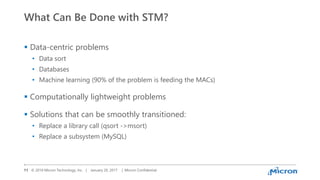 © 2016 Micron Technology, Inc. |
What Can Be Done with STM?
 Data-centric problems
• Data sort
• Databases
• Machine learning (90% of the problem is feeding the MACs)
 Computationally lightweight problems
 Solutions that can be smoothly transitioned:
• Replace a library call (qsort ->msort)
• Replace a subsystem (MySQL)
January 20, 201711 | Micron Confidential
 