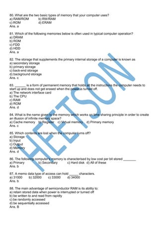 Computer Memory Questions and Answers (Storage MCQ) | PDF