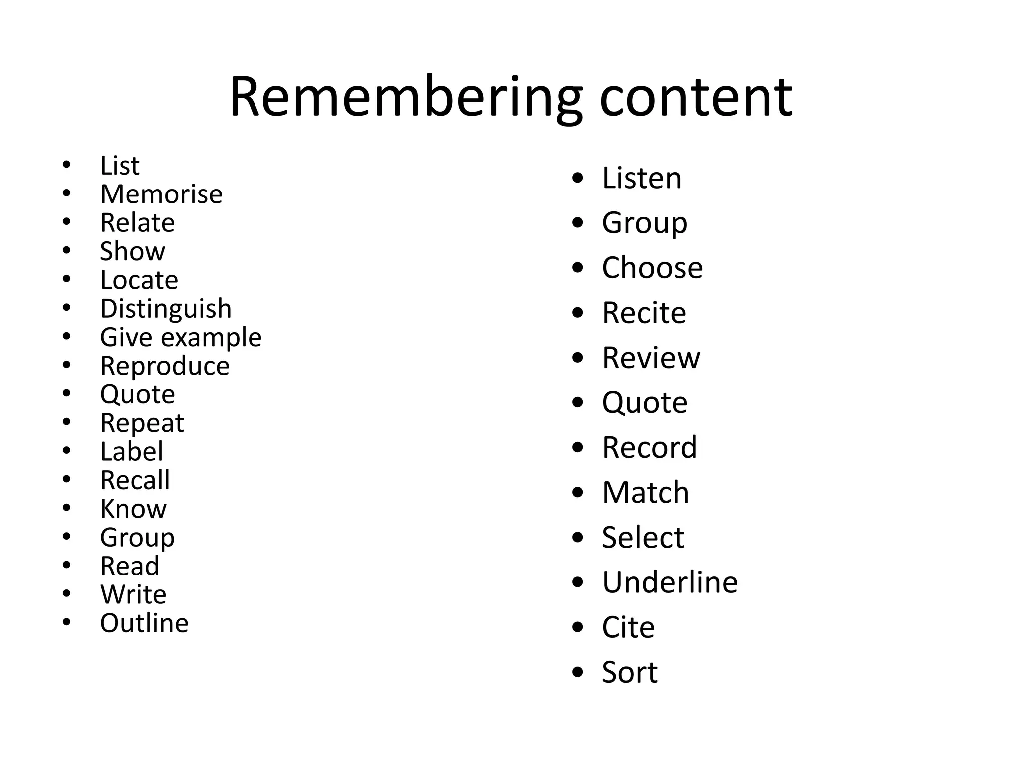 Remembering content
• List
• Memorise
• Relate
• Show
• Locate
• Distinguish
• Give example
• Reproduce
• Quote
• Repeat
• Label
• Recall
• Know
• Group
• Read
• Write
• Outline
• Listen
• Group
• Choose
• Recite
• Review
• Quote
• Record
• Match
• Select
• Underline
• Cite
• Sort
Recall or
recognition of
specific
information
 