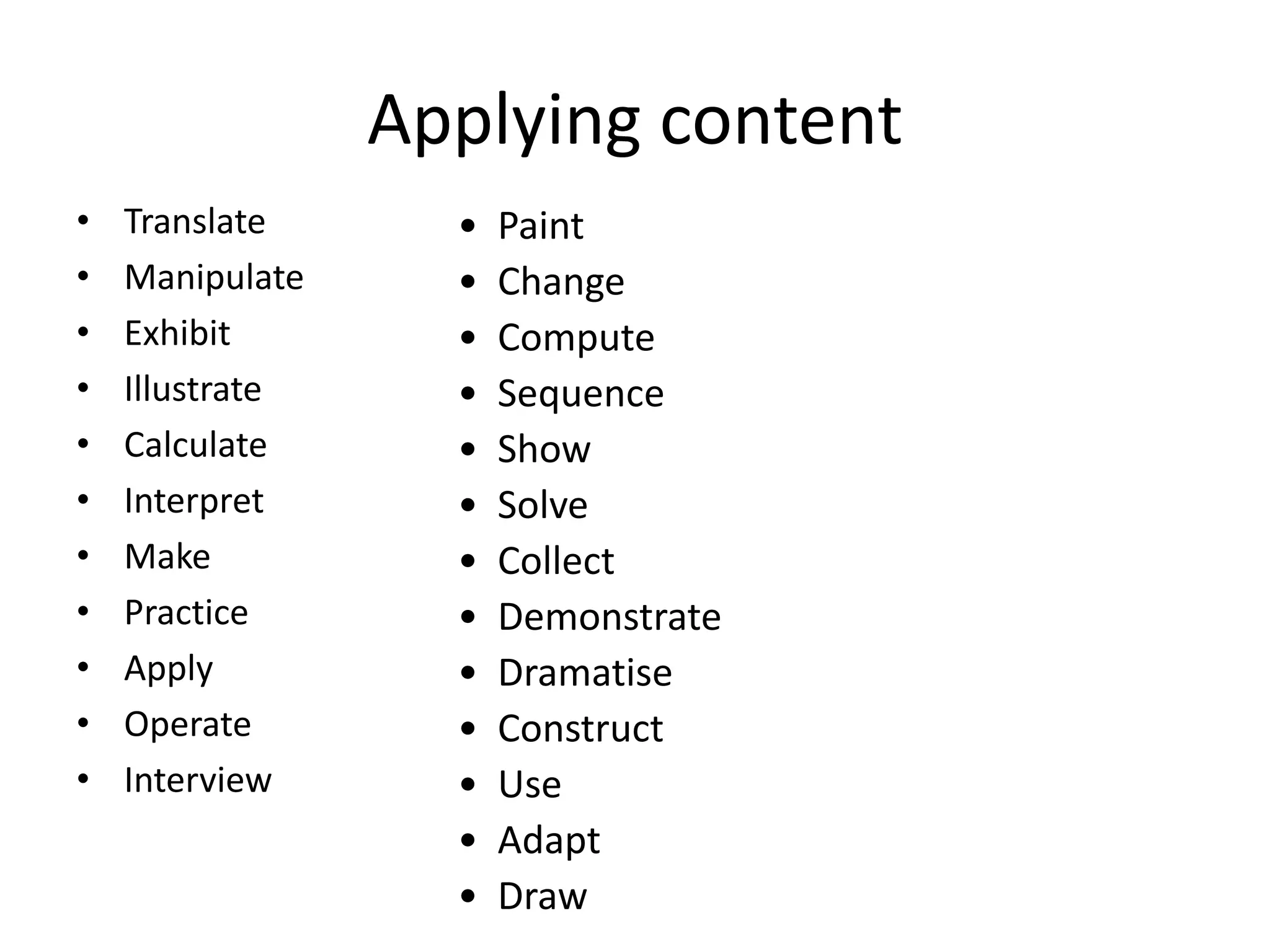 Applying content
• Translate
• Manipulate
• Exhibit
• Illustrate
• Calculate
• Interpret
• Make
• Practice
• Apply
• Operate
• Interview
• Paint
• Change
• Compute
• Sequence
• Show
• Solve
• Collect
• Demonstrate
• Dramatise
• Construct
• Use
• Adapt
• Draw
Using strategies,
concepts, principles and
theories in new
situations
 