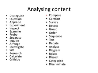 Analysing content
• Distinguish
• Question
• Appraise
• Experiment
• Inspect
• Examine
• Probe
• Separate
• Inquire
• Arrange
• Investigate
• Sift
• Research
• Calculate
• Criticize
• Compare
• Contrast
• Survey
• Detect
• Group
• Order
• Sequence
• Test
• Debate
• Analyse
• Diagram
• Relate
• Dissect
• Categorise
• Discriminate
Breaking
information down
into its component
elements
 