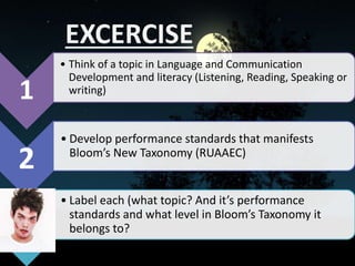 EXCERCISE
1
• Think of a topic in Language and Communication
Development and literacy (Listening, Reading, Speaking or
writing)
2
• Develop performance standards that manifests
Bloom’s New Taxonomy (RUAAEC)
• Label each (what topic? And it’s performance
standards and what level in Bloom’s Taxonomy it
belongs to?
 