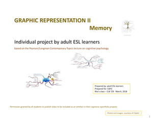 GRAPHIC REPRESENTATION II
Memory
Individual project by adult ESL learners
Photos and images: courtesy of ClipArt
Permission granted by all students to publish slides to be included as an artefact in their capstone eportfolio projects
1
Prepared by: adult ESL learners
Prepared for: EAP2
Rita’s class – CLB 7/8 - March, 2018
based on the Pearson/Longman Contemporary Topics lecture on cognitive psychology
 