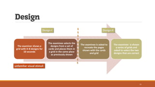Design
The examiner shows a
grid with 4–8 designs for
10 seconds
The examinee selects the
designs from a set of
cards and places them in
a grid in the same place
as previously shown
The examinee is asked to
recreate the pages
shown with the cards
and grid
The examinee is shown
a series of grids and
asked to select the two
designs that are correct
Design-II
unfamiliar visual stimuli
Design-I
15
 