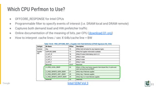 ● OFFCORE_RESPONSE for Intel CPUs
● Programmable filter to specify events of interest (i.e. DRAM local and DRAM remote)
● Captures both demand load and HW prefetcher traffic
● Online documentation of the meaning of bits, per CPU (download.01.org)
● How to interpret: cache lines / sec X 64b/cache line = BW
Intel SDM Vol 3
Which CPU Perfmon to Use?
11
 