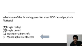 Which one of the following parasites does NOT cause lymphatic
filariasis?
(A)Brugia malayi
(B)Brugia timori
(C) Wuchereria bancrofti
(D) Mansonella streptocerca
 