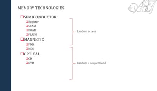 MEMORY TECHNOLOGIES
SEMICONDUCTOR
Register
SRAM
DRAM
FLASH
MAGNETIC
FDD
HDD
OPTICAL
CD
DVD
Random access
Random + sequentional
 