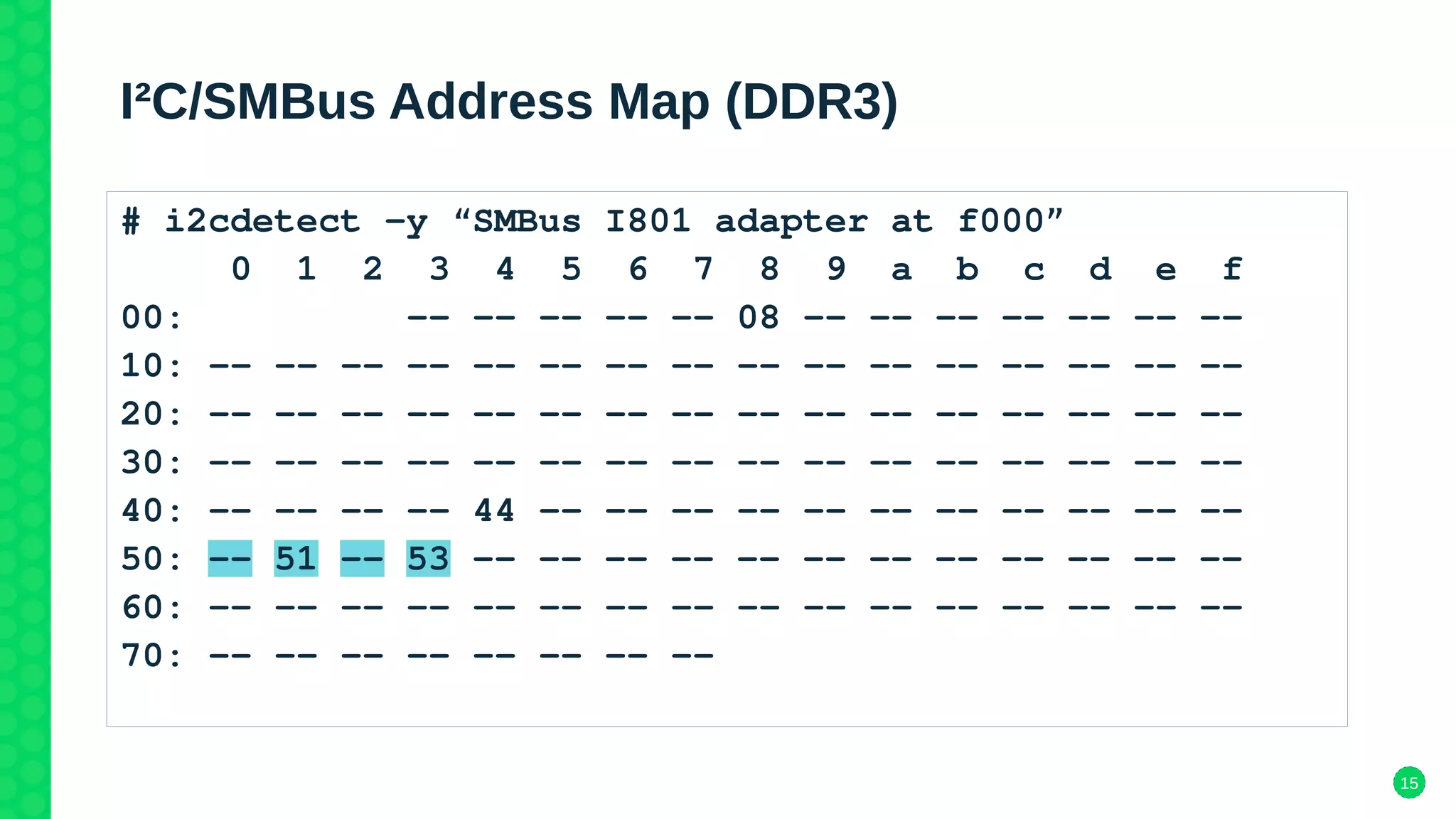 15
I²C/SMBus Address Map (DDR3)
# i2cdetect -y “SMBus I801 adapter at f000”
0 1 2 3 4 5 6 7 8 9 a b c d e f
00: -- -- -- -- -- 08 -- -- -- -- -- -- --
10: -- -- -- -- -- -- -- -- -- -- -- -- -- -- -- --
20: -- -- -- -- -- -- -- -- -- -- -- -- -- -- -- --
30: -- -- -- -- -- -- -- -- -- -- -- -- -- -- -- --
40: -- -- -- -- 44 -- -- -- -- -- -- -- -- -- -- --
50: -- 51 -- 53 -- -- -- -- -- -- -- -- -- -- -- --
60: -- -- -- -- -- -- -- -- -- -- -- -- -- -- -- --
70: -- -- -- -- -- -- -- --
 
