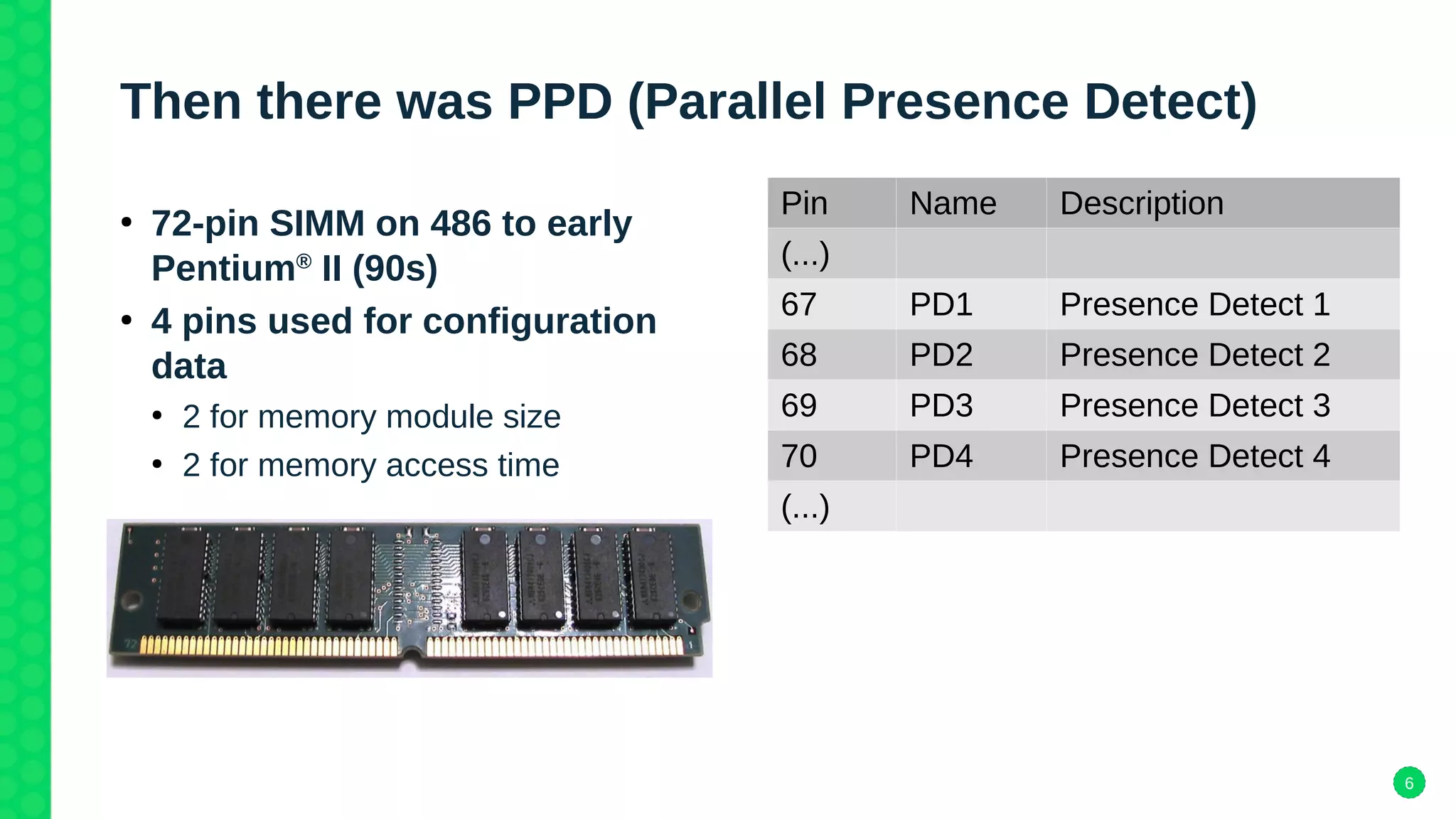 6
Then there was PPD (Parallel Presence Detect)
●
72-pin SIMM on 486 to early
Pentium®
II (90s)
●
4 pins used for configuration
data
●
2 for memory module size
●
2 for memory access time
Pin Name Description
(...)
67 PD1 Presence Detect 1
68 PD2 Presence Detect 2
69 PD3 Presence Detect 3
70 PD4 Presence Detect 4
(...)
 