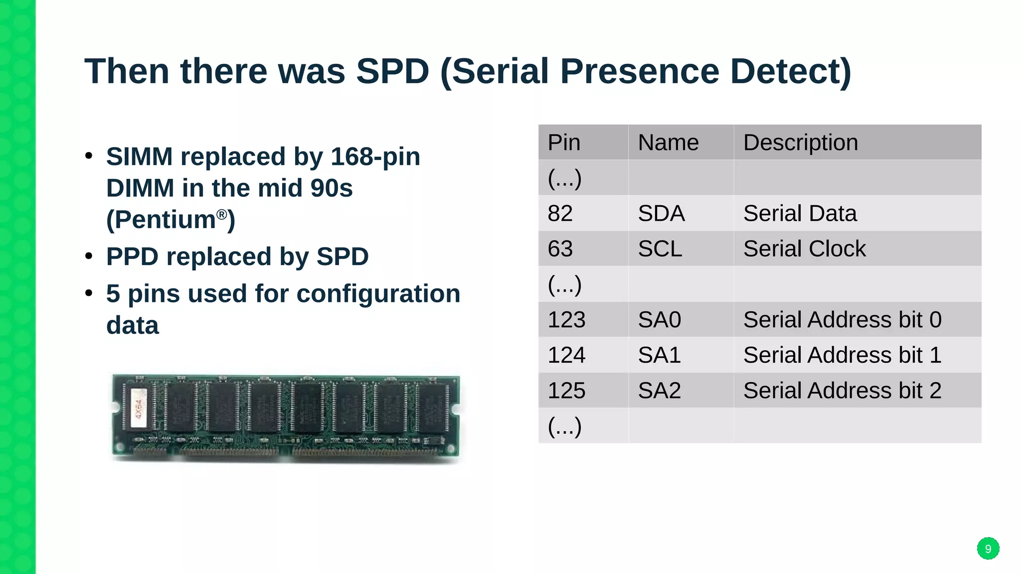 9
Then there was SPD (Serial Presence Detect)
●
SIMM replaced by 168-pin
DIMM in the mid 90s
(Pentium®
)
●
PPD replaced by SPD
●
5 pins used for configuration
data
Pin Name Description
(...)
82 SDA Serial Data
63 SCL Serial Clock
(...)
123 SA0 Serial Address bit 0
124 SA1 Serial Address bit 1
125 SA2 Serial Address bit 2
(...)
 
