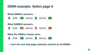 26
DDR4 example: Select page 0
What DIMM#1 answers:
What DIMM#2 answers:
What the SMBus master sees:
→ Can’t be sure that ...