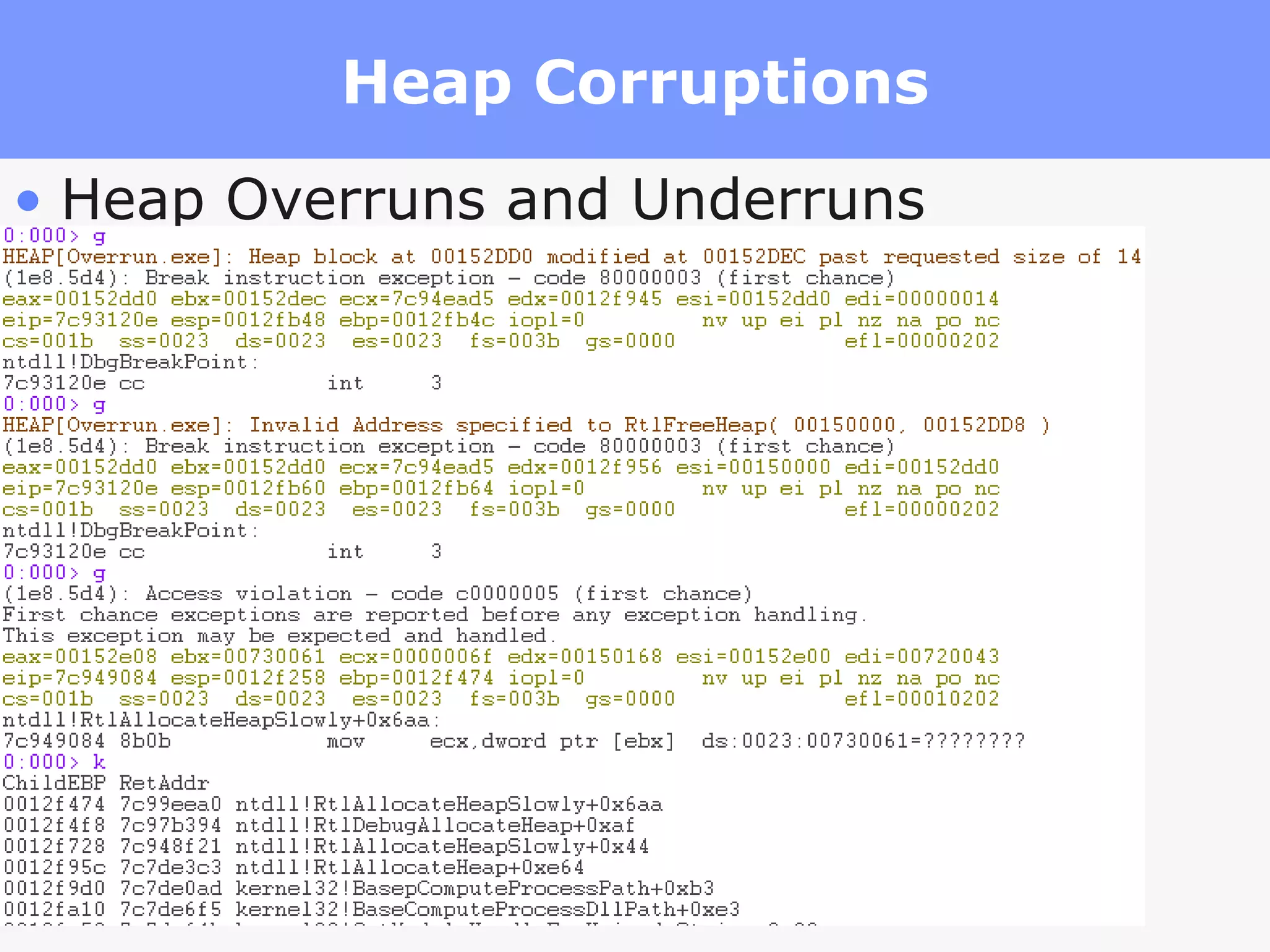 Heap Corruptions Heap Overruns and Underruns 