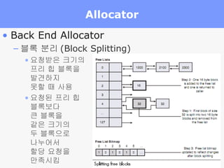 Allocator Back End Allocator 블록 분리 (Block Splitting) 요청받은 크기의  프리 힙 블록을  발견하지  못할 때 사용 요청된 프리 힙  블록보다  큰 블록을  같은 크기의  두 블록으로  나누어서  할당 요청을  만족시킴 