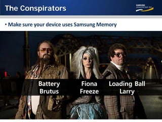 The Conspirators
• Make sure your device uses Samsung Memory

Battery
Brutus

Fiona
Freeze

Loading Ball
Larry

 