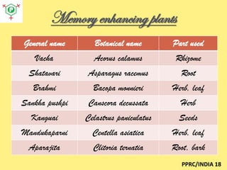 Memory enhancing plants
General name

Botanical name

Part used

Vacha

Acorus calamus

Rhizome

Shatavari

Asparagus racemus

Root

Brahmi

Bacopa monnieri

Herb, leaf

Sankha pushpi

Canscora decussata

Herb

Kanguai

Celastrus paniculatus

Seeds

Mandukaparni

Centella asiatica

Herb, leaf

Aparajita

Clitoria ternatia

Root, bark
PPRC/INDIA 18

 