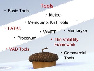 Tools <ul><li>Basic Tools  </li></ul><ul><li>Memdump, KnTTools </li></ul><ul><li>FATKit </li></ul><ul><li>WMFT </li></ul><...