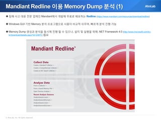Mandiant Redline 이용 Memory Dump 분석 (1)
 침해 사고 대응 전문 업체인 Mandiant에서 개발해 무료로 배포하는 Redline (https://www.mandiant.com/resources/download/redline)
 Windows GUI 기반 Memory 분석 프로그램으로 사용이 비교적 쉬우며, 빠르게 분석 진행 가능
 Memory Dump 생성과 분석을 동시에 진행 할 수 있으나, 설치 및 실행을 위해 .NET Framework 4.0 (http://www.microsoft.com/kokr/download/details.aspx?id=24872 )필요

© AhnLab, Inc. All rights reserved.

 
