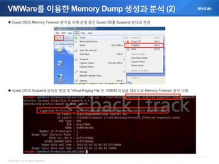 VMWare를 이용한 Memory Dump 생성과 분석 (2)
 Guest OS의 Memory Forensic 분석을 위해 운영 중인 Guest OS를 Suspend 상태로 변경

 Guest OS의 Suspend 상태로 변경 후 Virtual Paging File 인 .VMEM 파일을 대상으로 Memory Forensic 분석 수행

© AhnLab, Inc. All rights reserved.

 