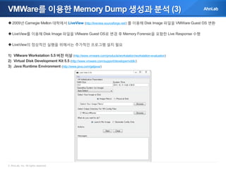 VMWare를 이용한 Memory Dump 생성과 분석 (3)
 2009년 Carnegie Mellon 대학에서 LiveView (http://liveview.sourceforge.net/) 를 이용해 Disk Image 파일을 VMWare Guest OS 변환
 LiveView를 이용해 Disk Image 파일을 VMware Guest OS로 변경 후 Memory Forensic을 포함한 Live Response 수행
 LiveView의 정상적인 실행을 위해서는 추가적인 프로그램 설치 필요
1) VMware Workstation 5.5 버전 이상 (http://www.vmware.com/products/workstation/workstation-evaluation)
2) Virtual Disk Development Kit 5.5 (http://www.vmware.com/support/developer/vddk/)
3) Java Runtime Environment (http://www.java.com/getjava/)

© AhnLab, Inc. All rights reserved.

 