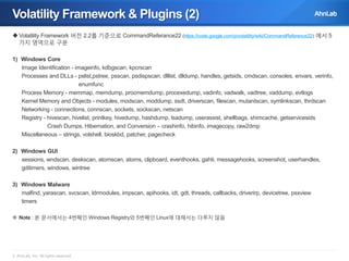 Volatility Framework & Plugins (2)
 Volatility Framework 버전 2.2를 기준으로 CommandReferance22 (https://code.google.com/p/volatility/wiki/CommandReference22) 에서 5
가지 영역으로 구분

1) Windows Core
Image Identification - imageinfo, kdbgscan, kpcrscan
Processes and DLLs - pslist,pstree, psscan, psdispscan, dlllist, dlldump, handles, getsids, cmdscan, consoles, envars, verinfo,
enumfunc
Process Memory - memmap, memdump, procmemdump, procexedump, vadinfo, vadwalk, vadtree, vaddump, evtlogs
Kernel Memory and Objects - modules, modscan, moddump, ssdt, driverscan, filescan, mutantscan, symlinkscan, thrdscan
Networking - connections, connscan, sockets, sockscan, netscan
Registry - hivescan, hivelist, printkey, hivedump, hashdump, lsadump, userassist, shellbags, shimcache, getservicesids
Crash Dumps, Hibernation, and Conversion – crashinfo, hibinfo, imagecopy, raw2dmp
Miscellaneous – strings, volshell, bioskbd, patcher, pagecheck
2) Windows GUI
sessions, wndscan, deskscan, atomscan, atoms, clipboard, eventhooks, gahti, messagehooks, screenshot, userhandles,
gditimers, windows, wintree
3) Windows Malware
malfind, yarascan, svcscan, ldrmodules, impscan, apihooks, idt, gdt, threads, callbacks, driverirp, devicetree, psxview
timers
 Note : 본 문서에서는 4번째인 Windows Registry와 5번째인 Linux에 대해서는 다루지 않음

© AhnLab, Inc. All rights reserved.

 