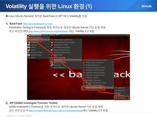 Volatility 실행을 위한 Linux 환경 (1)
 Linux Ubuntu Kernel로 제작된 BackTrack과 SIFT에서 Volatility를 지원
1) BackTrack (http://www.backtrack-linux.org/)
Penetration Testing과 Forensic을 위한 목적으로 제작한 Ubuntu Kernel 기반 운영 체제
최신 버전인 5R3 (http://www.backtrack-linux.org/downloads/ )에는 Volatility 2.2 포함

2) SIFT(SANS Investigate Forensic Toolkit)
SANS Institute에서 Forensic을 위한 목적으로 제작한 Ubuntu Kernel 기반 운영 체제
최신 버전인 2.14 (http://computer-forensics.sans.org/community/downloads)에는 Volatility 2.0 포함
© AhnLab, Inc. All rights reserved.

 