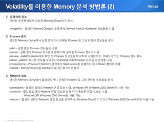 Volatility를 이용한 Memory 분석 방법론 (2)
1) 운영체제 정보
어떠한 운영체제에서 생성한 Memory Dump인지 분석

imageinfo - 생성한 Memory Dump의 운영체제, Service Pack과 Hardware 정보들을 나열
2) Process 분석
생성한 Memory Dump에서 실행 중이거나 은폐된 Process 및 그와 관련된 정보들을 분석
pslist - 실행 중인 Process 정보들을 나열
psscan - 실행 중인 Process 정보들과 함께 이미 종료된 Process 정보도 나열
psxview - pslist와 psscan에서 확인 한 Process 정보들을 비교하여 나열함으로, 은폐되어 있는 Process 정보 획득
pstree - pslist와 유사한 정보를 보여주나 Parent와 Child Process 간의 상관 관계를 나열
procexedump – Process의 Memory 영역에서 Slack space를 포함하지 않고 Binary 형태로 추출
volshell – Memory Dump를 windbg와 유사한 형식으로 분석
3) Network 정보
생성한 Memory Dump에서 활성화되거나 은폐된 Network 및 그와 관련된 정보들을 분석
connections - 활성화 상태의 Network 연결 정보 나열, Windows XP, Windows 2003 Server만 사용 가능
connscan - 활성화 상태의 Network 연결 정보와 함께 이미 종료된 연결 정보도 나열
Windows XP, Windows 2003 Server만 사용 가능
netscan – 활성화 상태의 Network 연결 정보를 보여주나, Windows Vista와 7 그리고 Windows 2008 Server에서만 사용 가능

© AhnLab, Inc. All rights reserved.

 