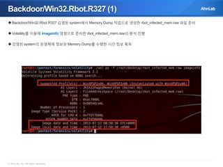 Backdoor/Win32.Rbot.R327 (1)
 Backdoor/Win32.Rbot.R327 감염된 system에서 Memory Dump 작업으로 생성한 rbot_infected_mem.raw 파일 준비
 Volatility를 이용해 imageinfo 명령으로 준비한 rbot_infected_mem.raw의 분석 진행
 감염된 system의 운영체제 정보와 Memory Dump를 수행한 시간 정보 획득

© AhnLab, Inc. All rights reserved.

 