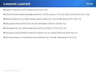 Lessons Learned
 process가 은폐 형태로 동작하지 않음을 쉽게 파악 할 수 있음
 비정상적인 windows system process를 process tree 가 보여주는 process 사이의 상관 관계로 비교적 쉽게 파악 할 수 있음
 Memory dump에 남아 있는 감염된 windows system의 network 접속 이력으로 C&C Server의 IP 주소 확인 가능
 특정 process memory 영역에 악성코드에 의한 code injection 구현되어도 이를 확인 가능
 Code injection 되어 있는 영역을 windbg 처럼 사용자와 상호작용으로 추가적인 분석 가능
 특정 process memory 영역에 DLL 형태와 같이 injection 되어 있는 memory 영역을 파일 형태로 추출 가능
 전체 memory Dump 또는 특정 process memory 영역만을 대상으로 Yara를 이용해 string 단위 검색 가능

© AhnLab, Inc. All rights reserved.

 