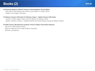 Books (2)
 Mastering Windows Network Forensics and Investigation, Second Edition
Steve Anson, Steve Bunting, Ryan Johnson, Scott Pearson 저, Sybex, 2012년
Chapter 6 Live-Analysis Techniques
 Malware Forensics Field Guide for Windows System – Digital Forensics Field Guides
Cameron H. Malin, Eoghan Casey, James M. Aquilina 저, Syngress, 2012년
Chapter 2 Memory Forensics – Analyzing Physical and Process Memory Dumps for Malware Artifacts
 SANS Forensic 508 Advanced Computer Forensic Analysis And Incident Response
Rob Lee 저, SANS Institute, 2011년
508.2 Live Response and Complex Evidence Acquisition
Windows Live Response

© AhnLab, Inc. All rights reserved.

 