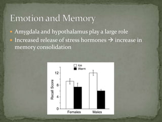  Amygdala and hypothalamus play a large role
 Increased release of stress hormones  increase in
 memory consolidation
 