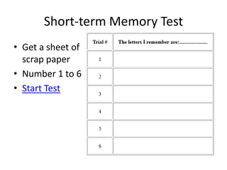 Short-term Memory Test
• Get a sheet of
  scrap paper
• Number 1 to 6
• Start Test
 